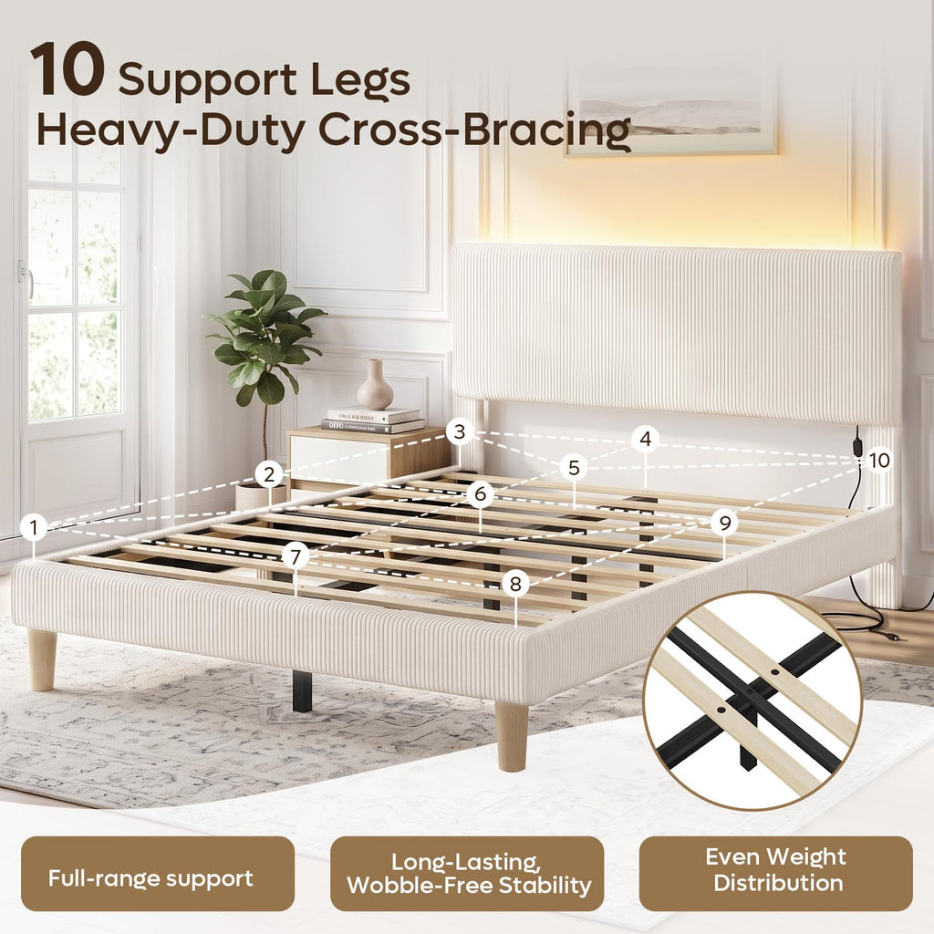 Queen Bed Frame with Headboard LED Lighting, Upholstered, Beige I4982