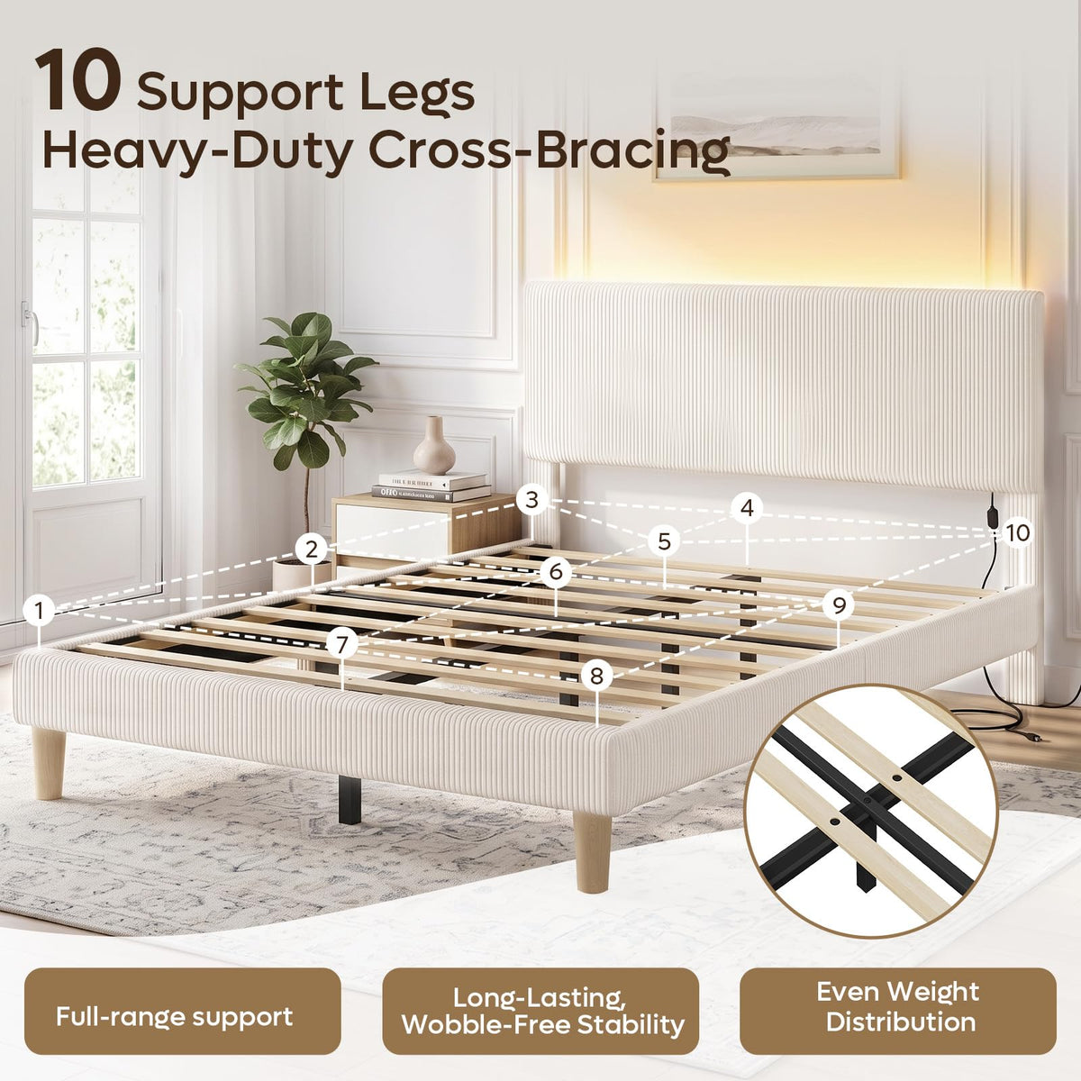 Queen Bed Frame with Headboard LED Lighting, Upholstered, Beige I4982