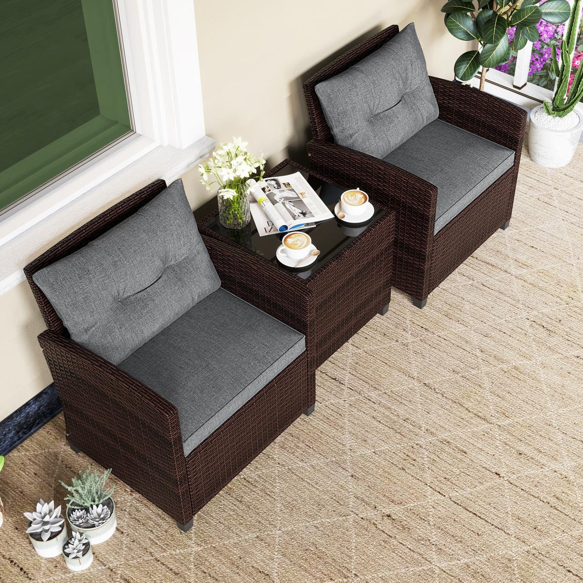 3 Pieces PE Rattan Wicker Outdoor Sofa Set with Cushion and Tempered Glass Tabletop W747