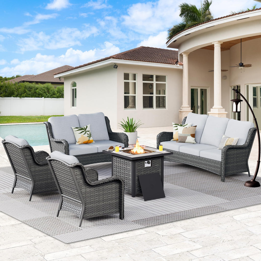 5 Piece Wicker Sofa Set with Fire Pit Table A5715